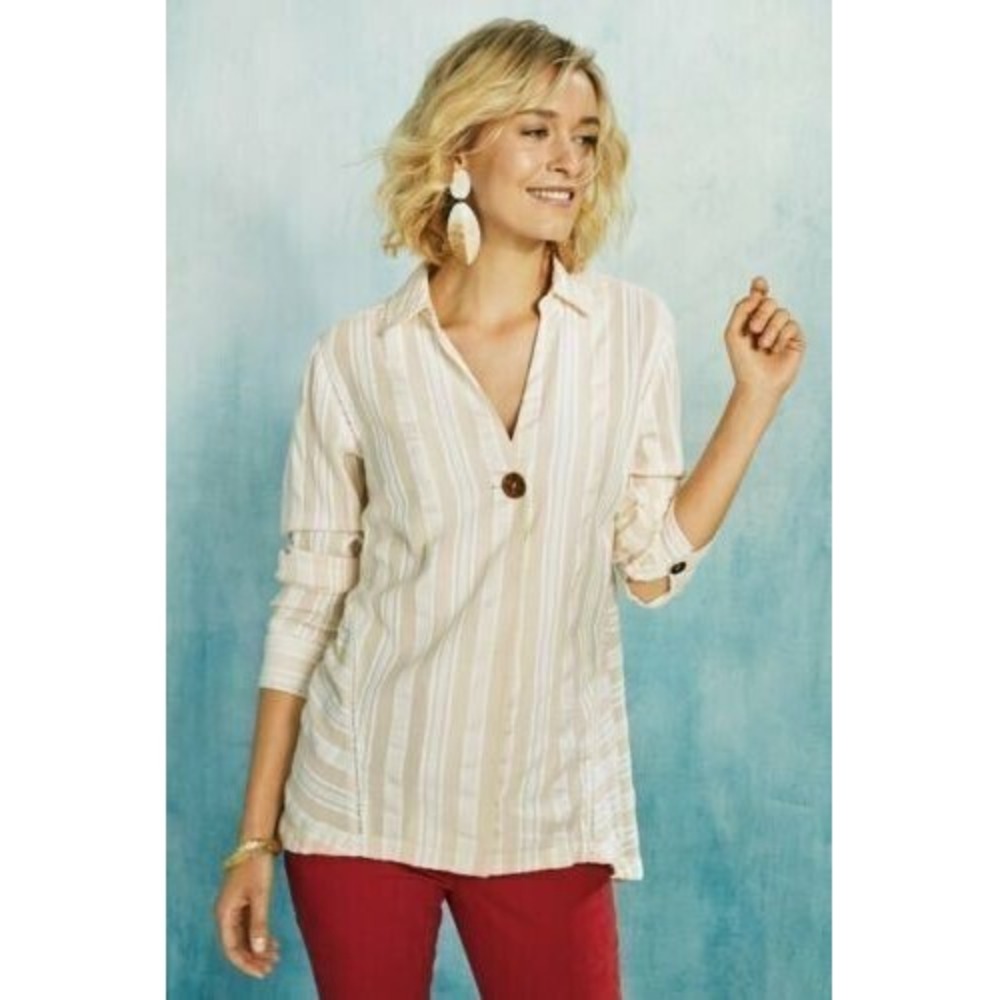 Soft Surroundings Tunic 2X Blanca Striped Crepe Button Down‎ Blouse Ivory Beachy